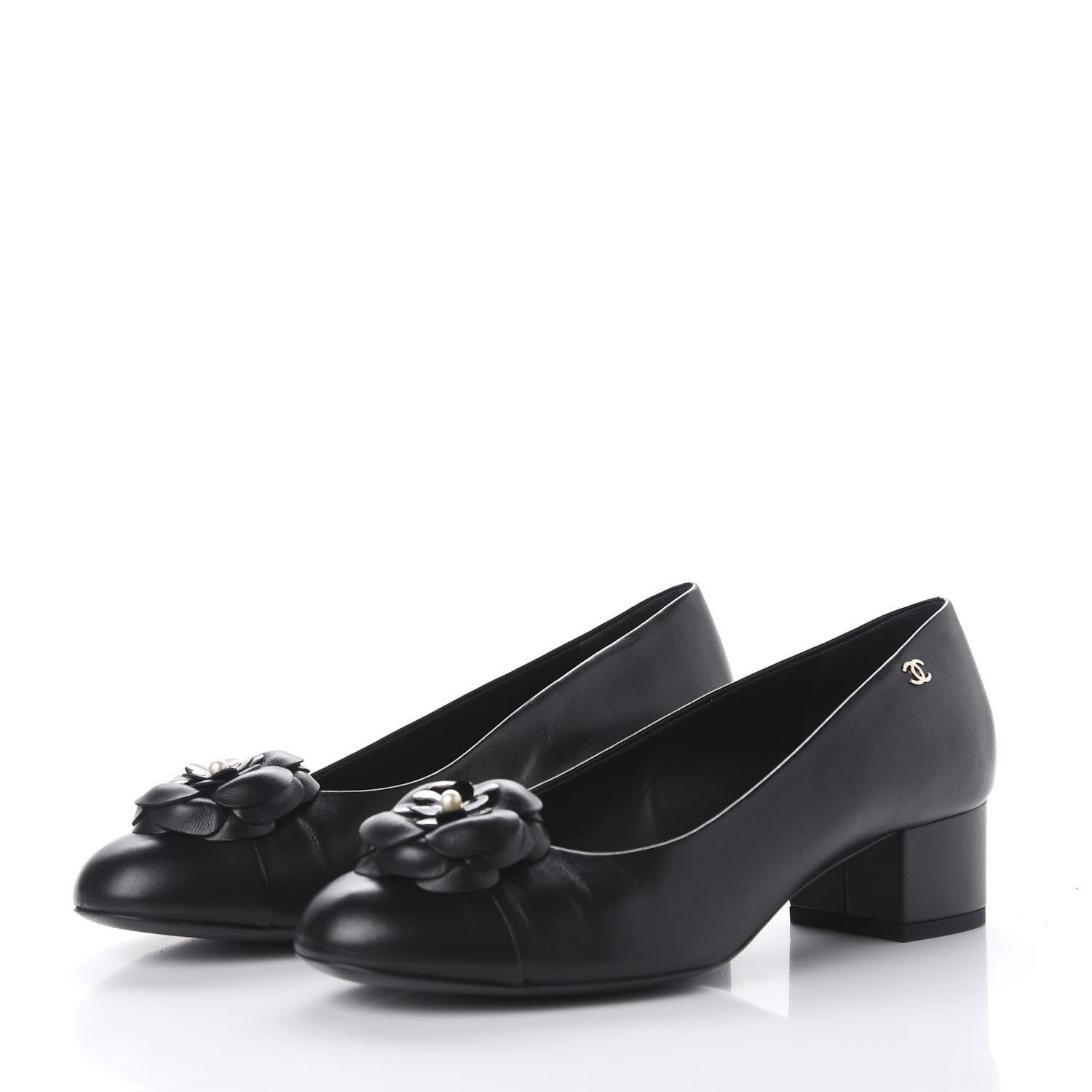 Chanel Lambskin Pearl Camellia Cap Toe Pumps 38.5 Black 3 of 11