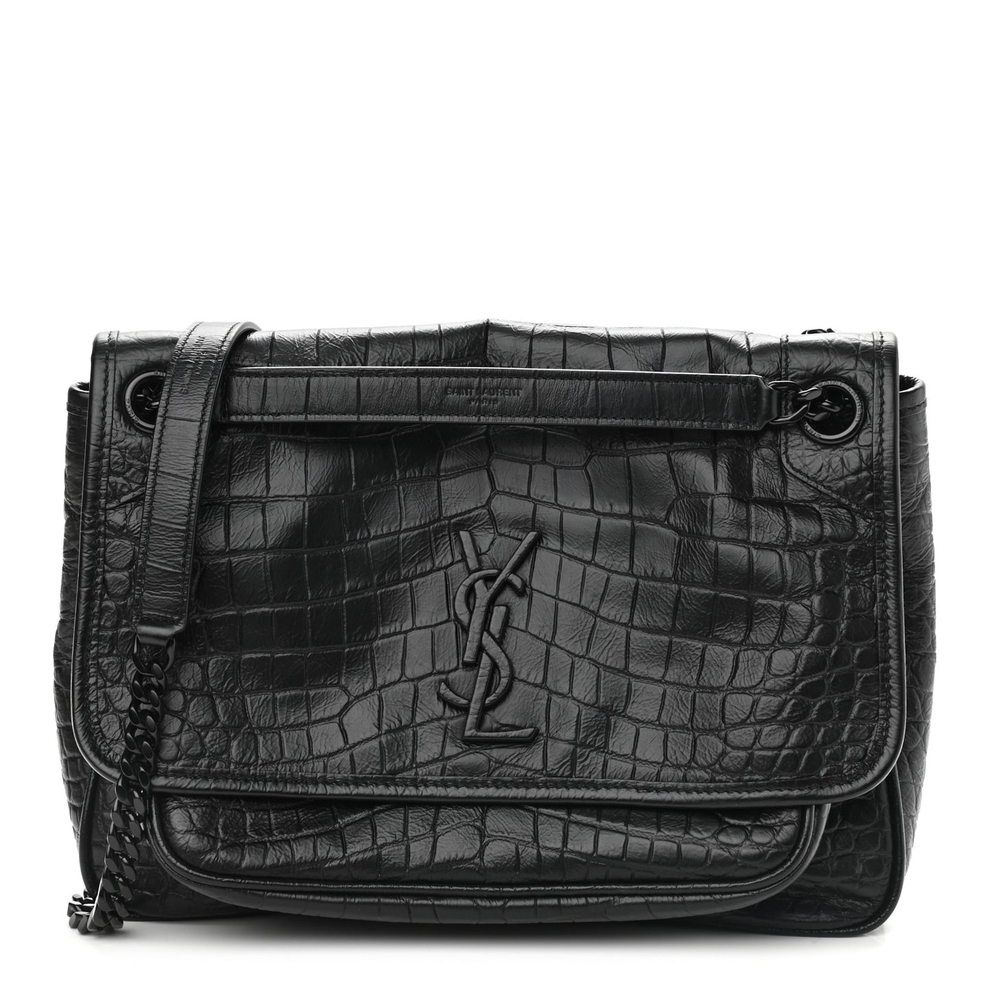 Calfskin Crocodile Embossed Monogram Medium Niki Chain Satchel Black