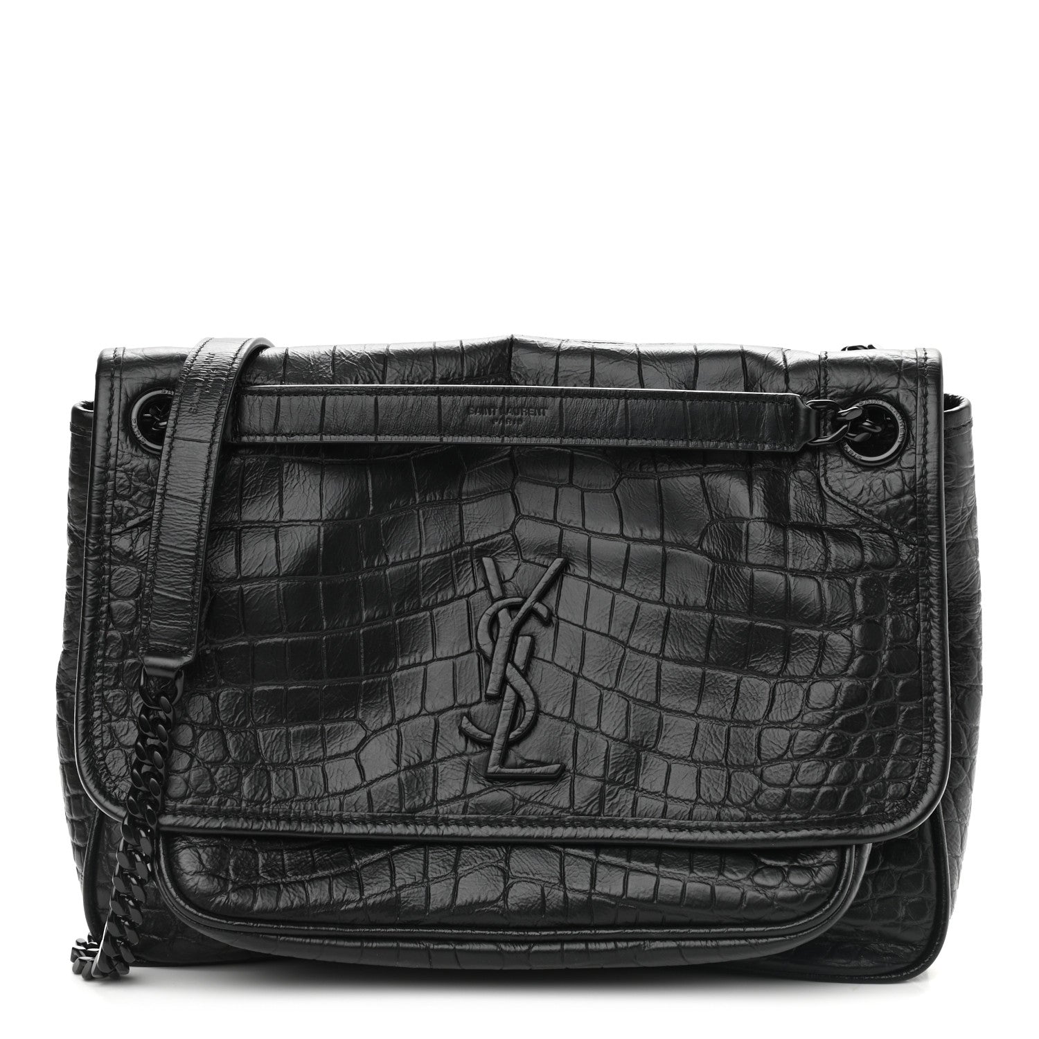 Saint Laurent Calfskin Crocodile Embossed Monogram Medium Niki Chain Satchel Black 1 of 10