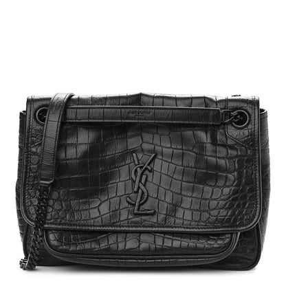 Saint Laurent Calfskin Crocodile Embossed Monogram Medium Niki Chain Satchel Black 1 of 10