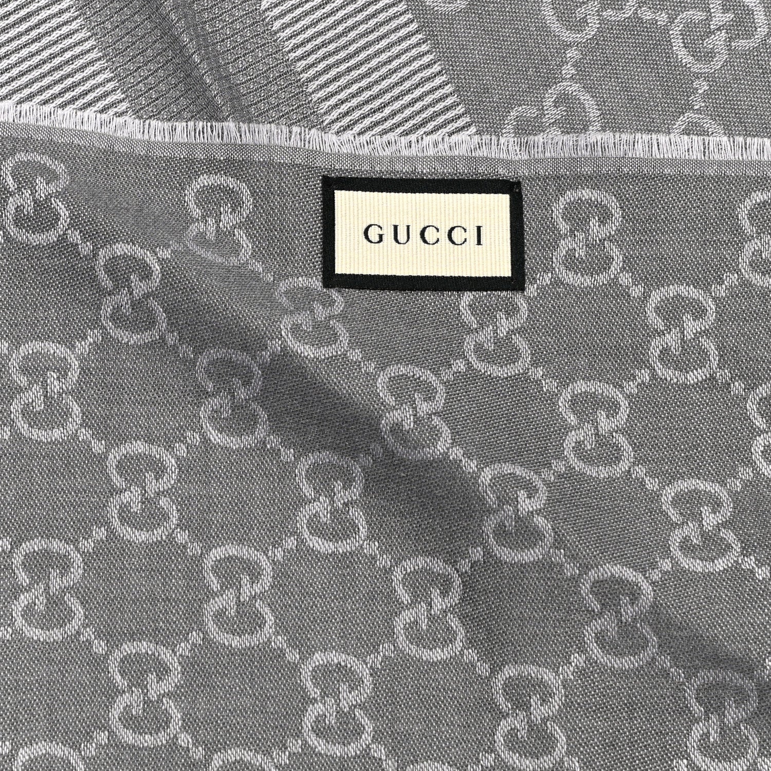 Gucci Wool Silk GG Monogram GGWeblong Fringe Scarf Shawl Pearl Medium Grey 3 of 5