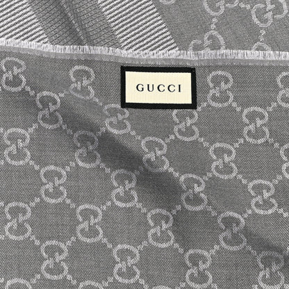 Gucci Wool Silk GG Monogram GGWeblong Fringe Scarf Shawl Pearl Medium Grey 3 of 5
