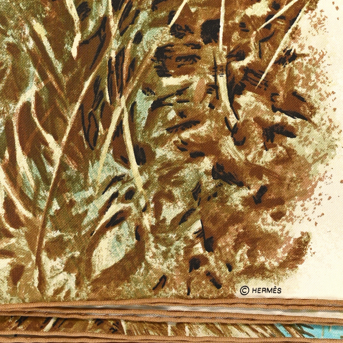 Silk Tigre du Bengale Scarf 90 Vert Camel Beige