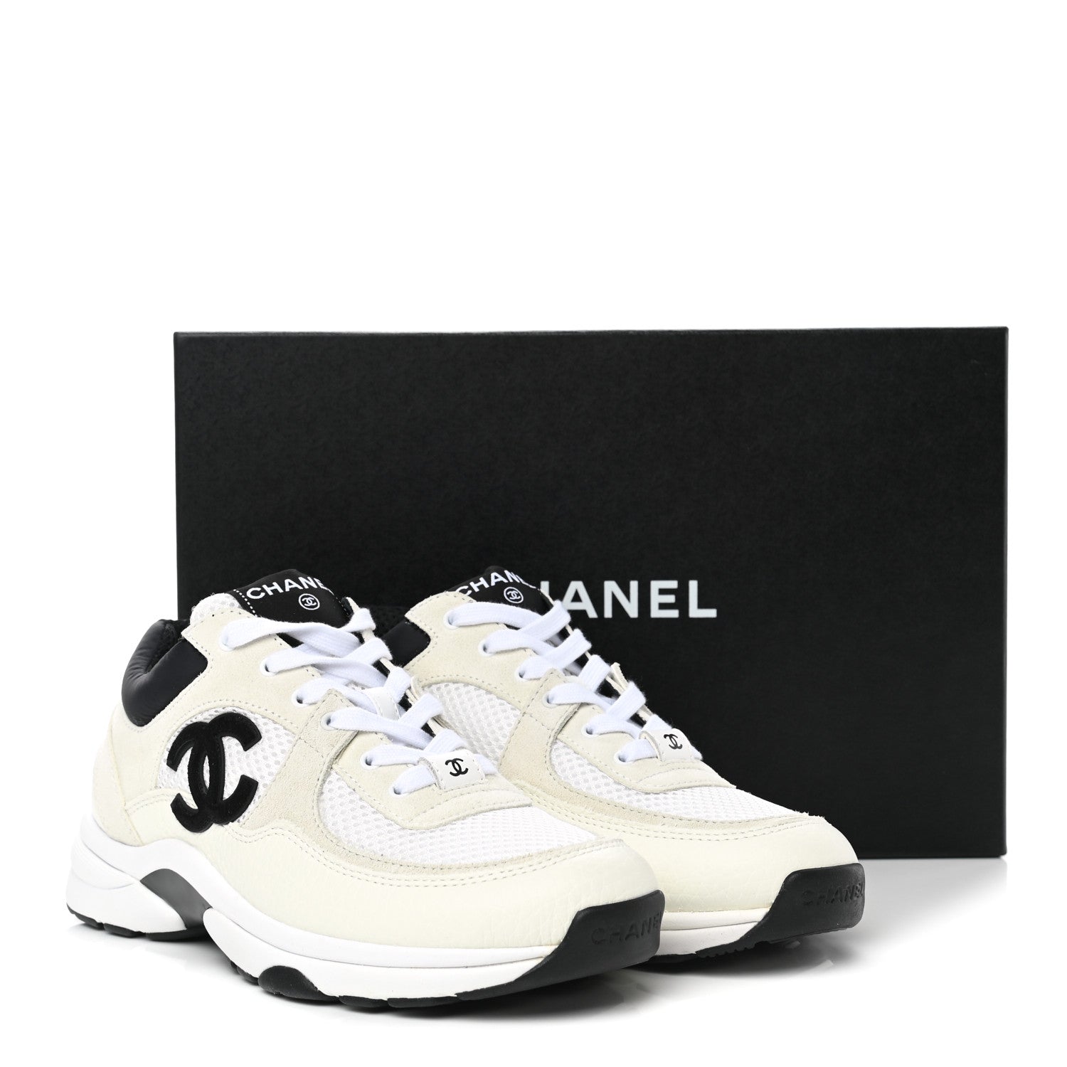 Chanel Mesh Suede Calfskin Grained Calfskin Womens CC Sneakers 37.5 White Black 8 of 8