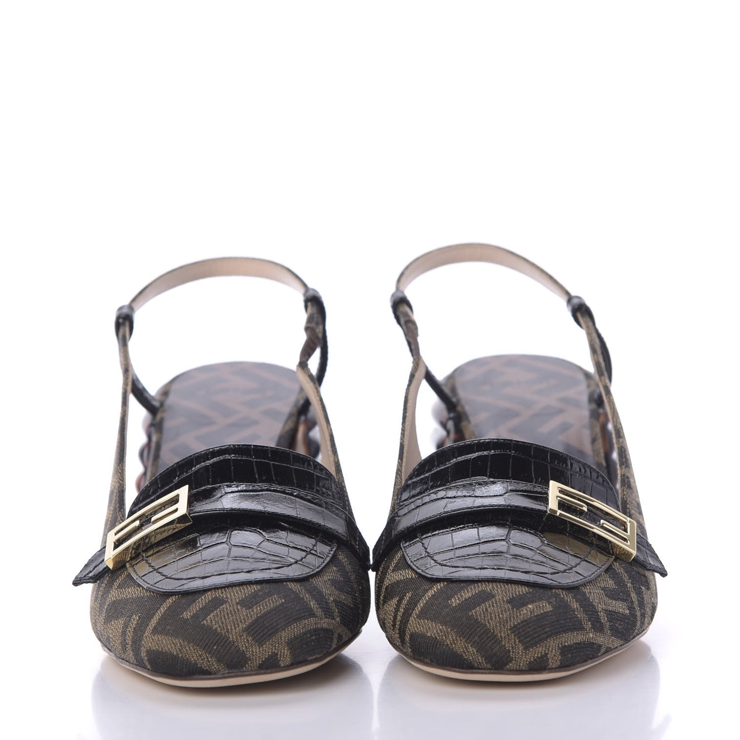 Jacquard Calfskin FF Tortoise Promenade Slingback Loafer Pumps 39.5 Tobacco