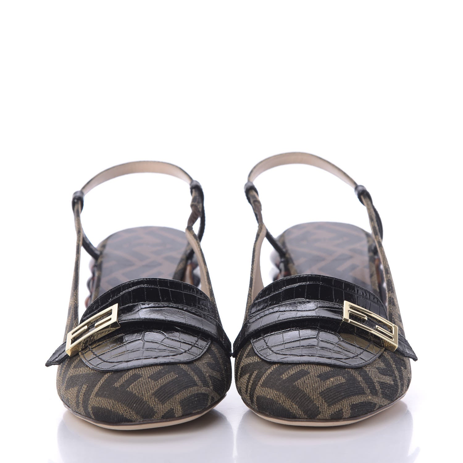 Fendi Jacquard Calfskin FF Tortoise Promenade Slingback Loafer Pumps 39.5 Tobacco 2 of 10