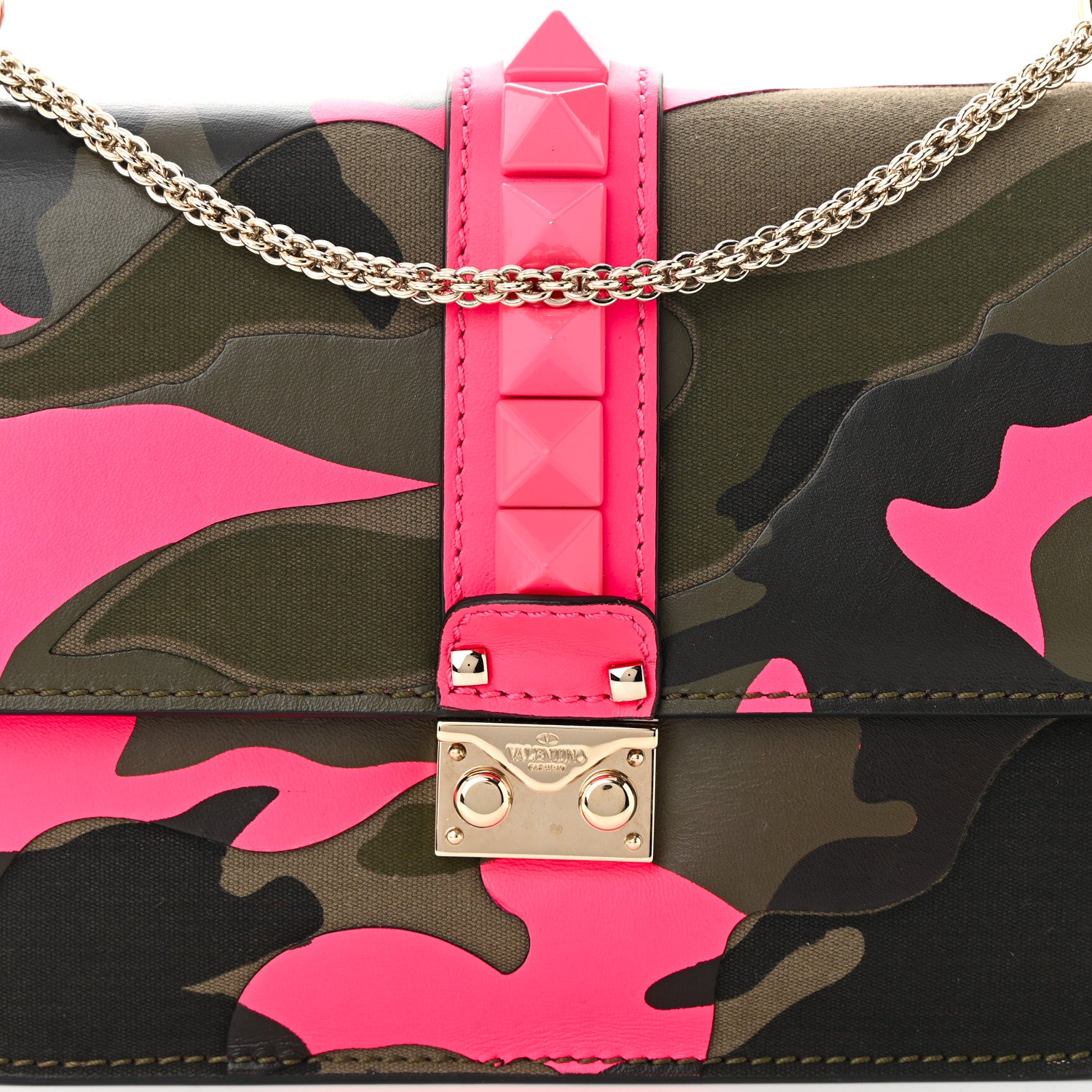 Valentino Garavani Nappa Canvas Camouflage Medium Glam Lock Rockstud Flap Fuxia Fluo 8 of 11