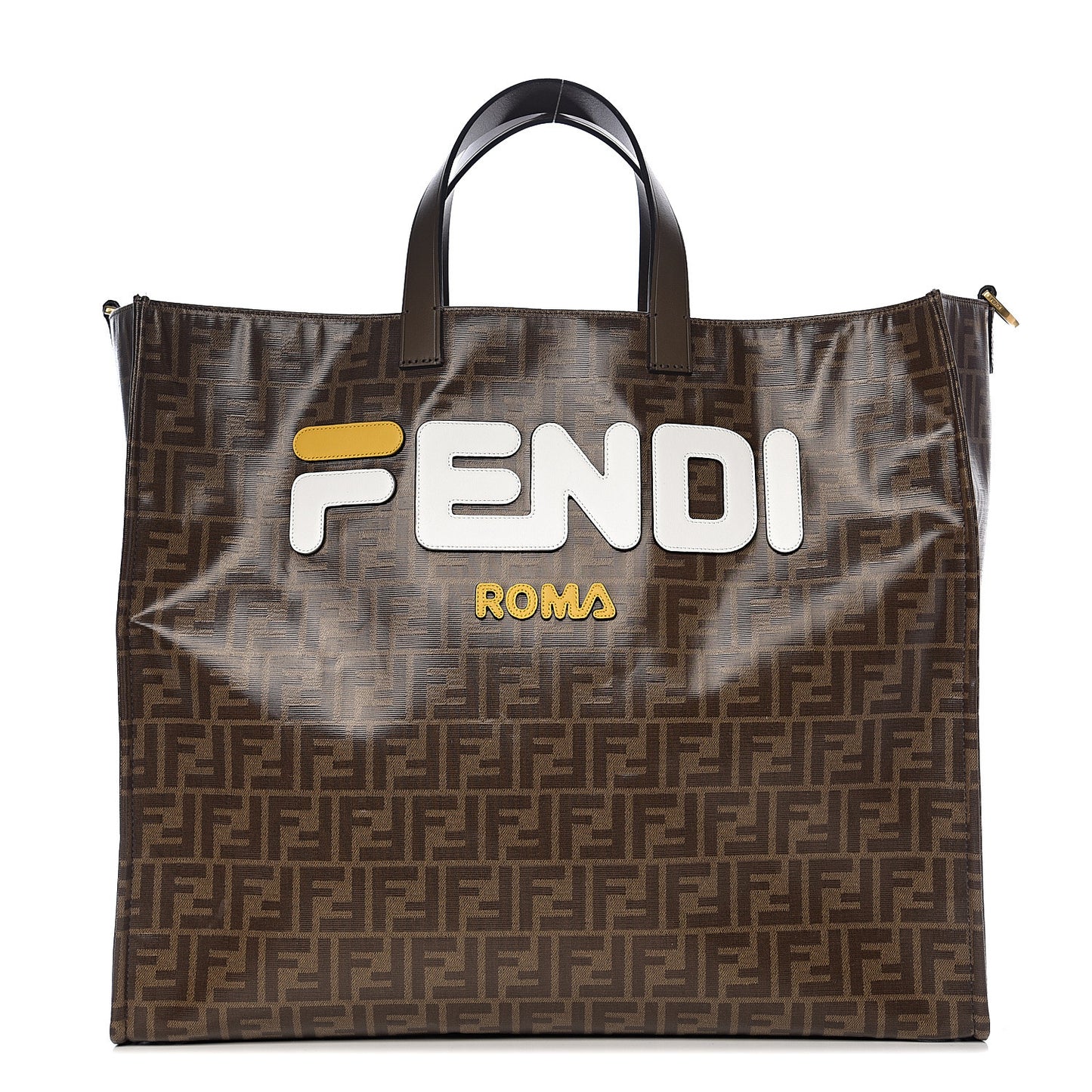 X FILA Glazed Fabric FF 1974 Mania Large Shopping Tote Bag Mogano Panna White