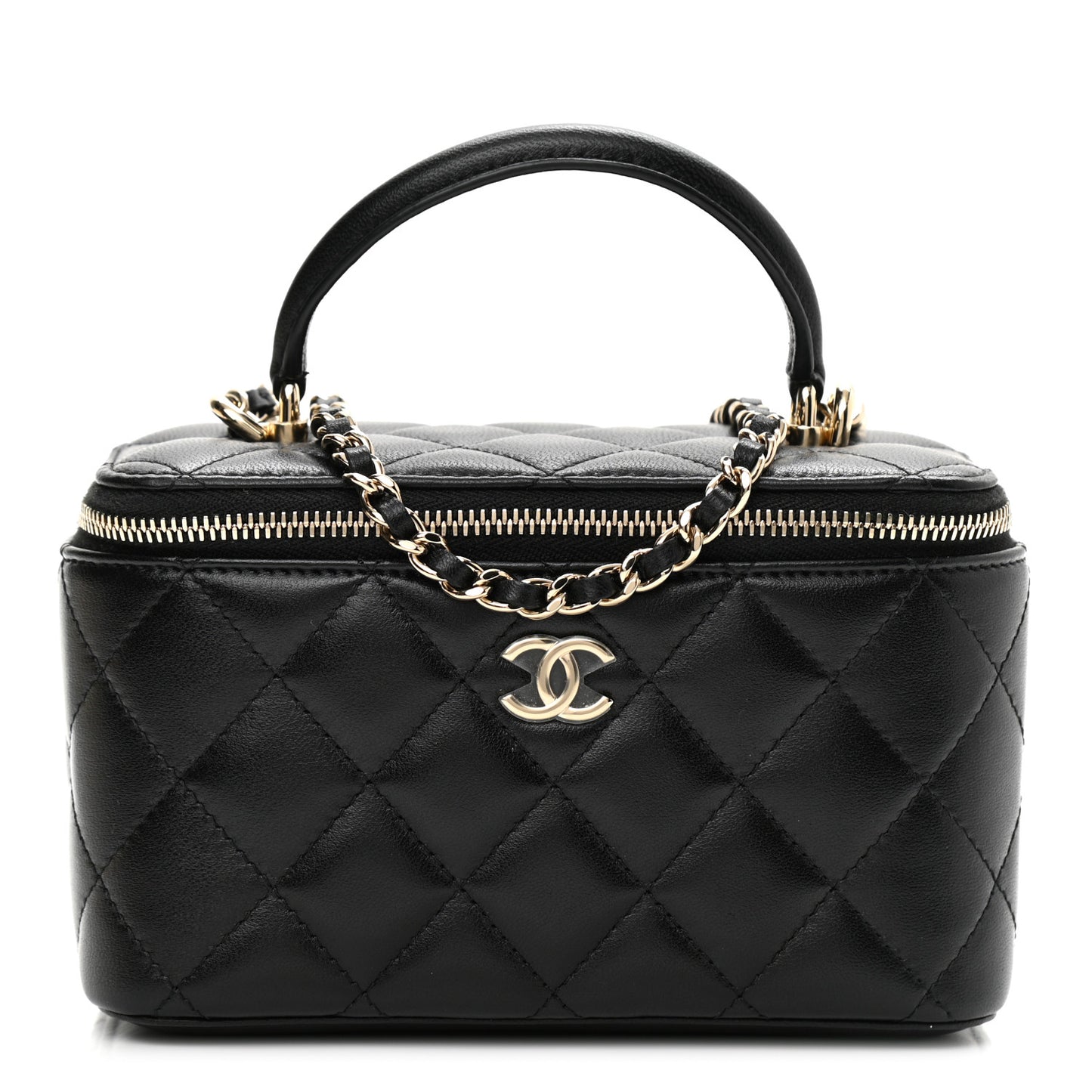 Lambskin Quilted Small Top Handle Vanity Case With Chain Black