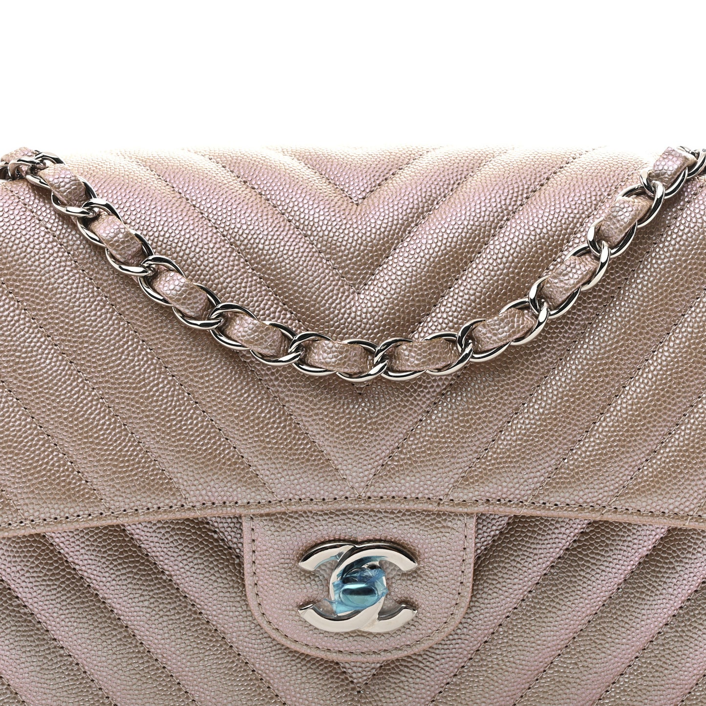 Metallic Caviar Chevron Quilted Medium Double Flap Light Gold