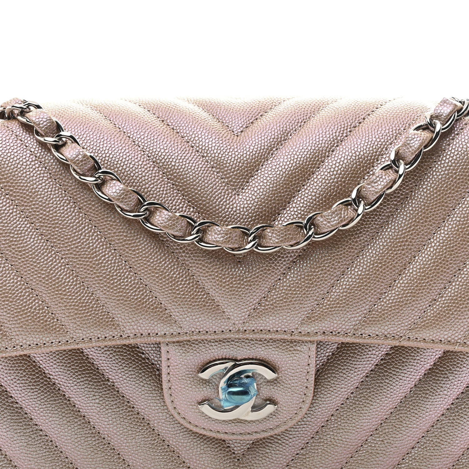 Chanel Metallic Caviar Chevron Quilted Medium Double Flap Light Gold 8 of 11