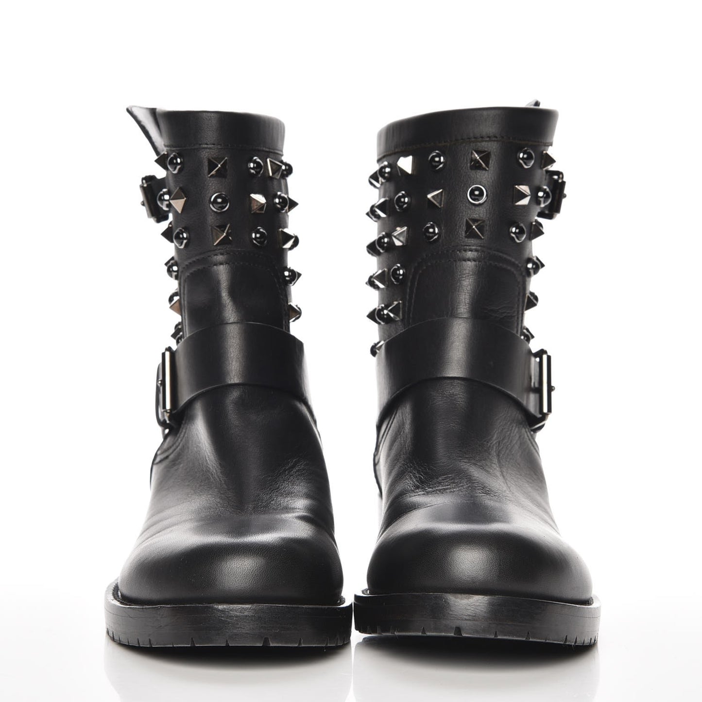 Calfskin Onyx Rockstud Rolling 30mm Biker Boots 37.5 Black