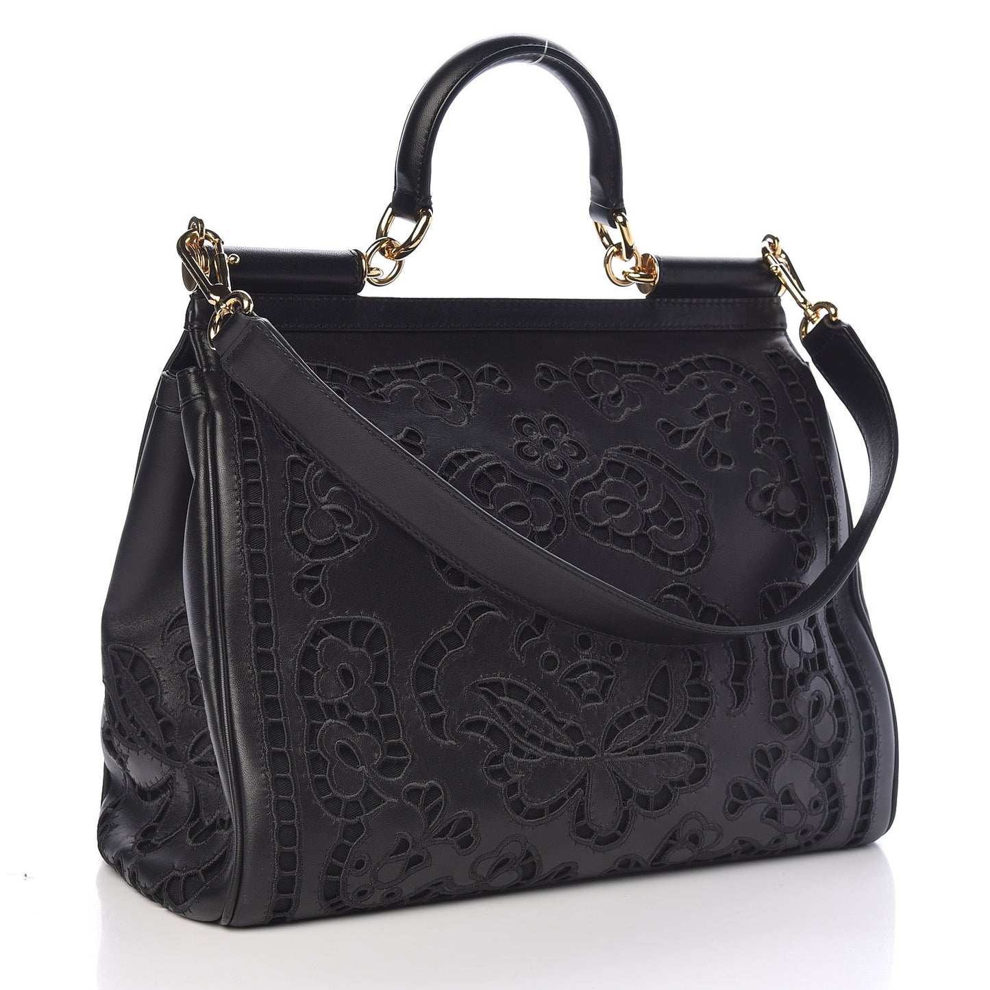 Lambskin Large Embroidered Laser Cut Miss Sicily Satchel Black