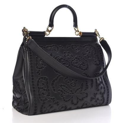 Dolce & Gabbana Lambskin Large Embroidered Laser Cut Miss Sicily Satchel Black 3 of 9
