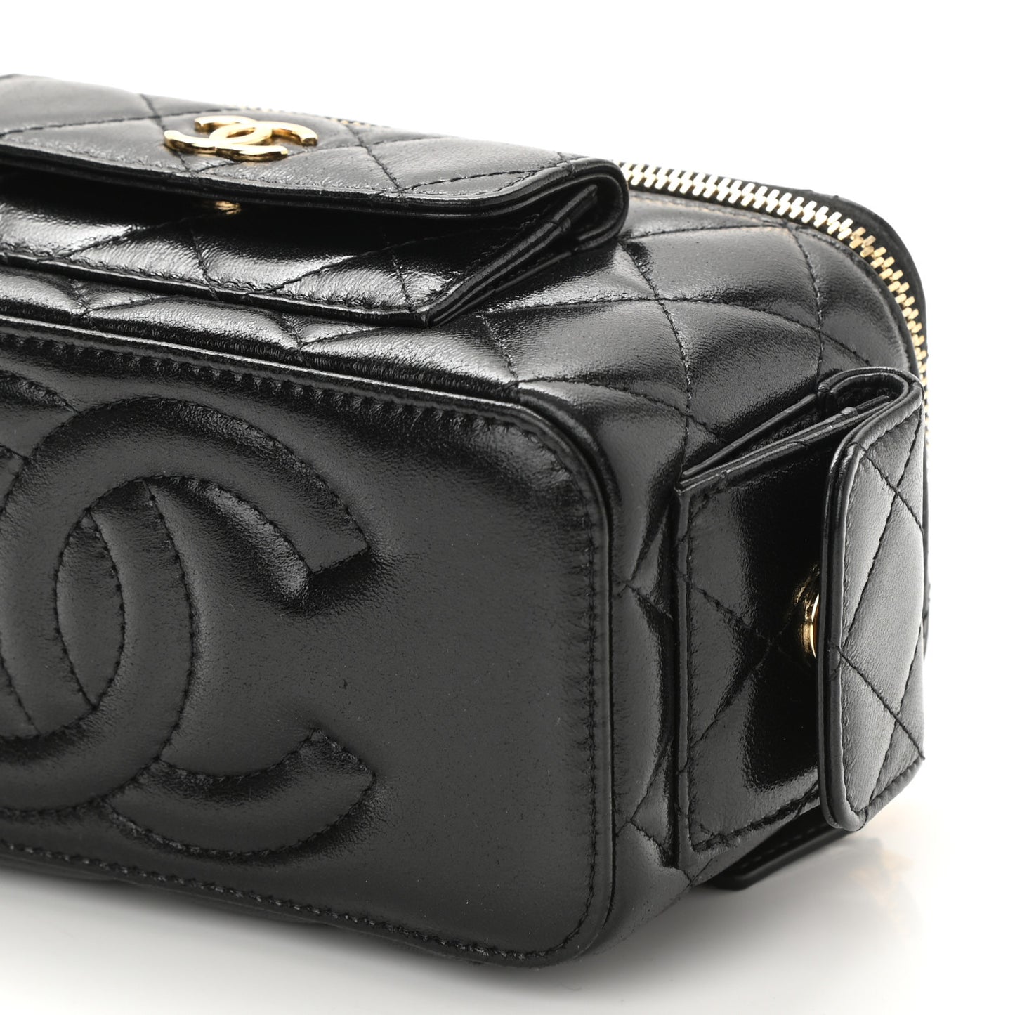 Lambskin Quilted Polly Pocket East West Top Vanity With Chain Black