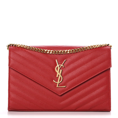 Saint Laurent Grain De Poudre Matelasse Chevron Monogram Chain Wallet New Red 1 of 9