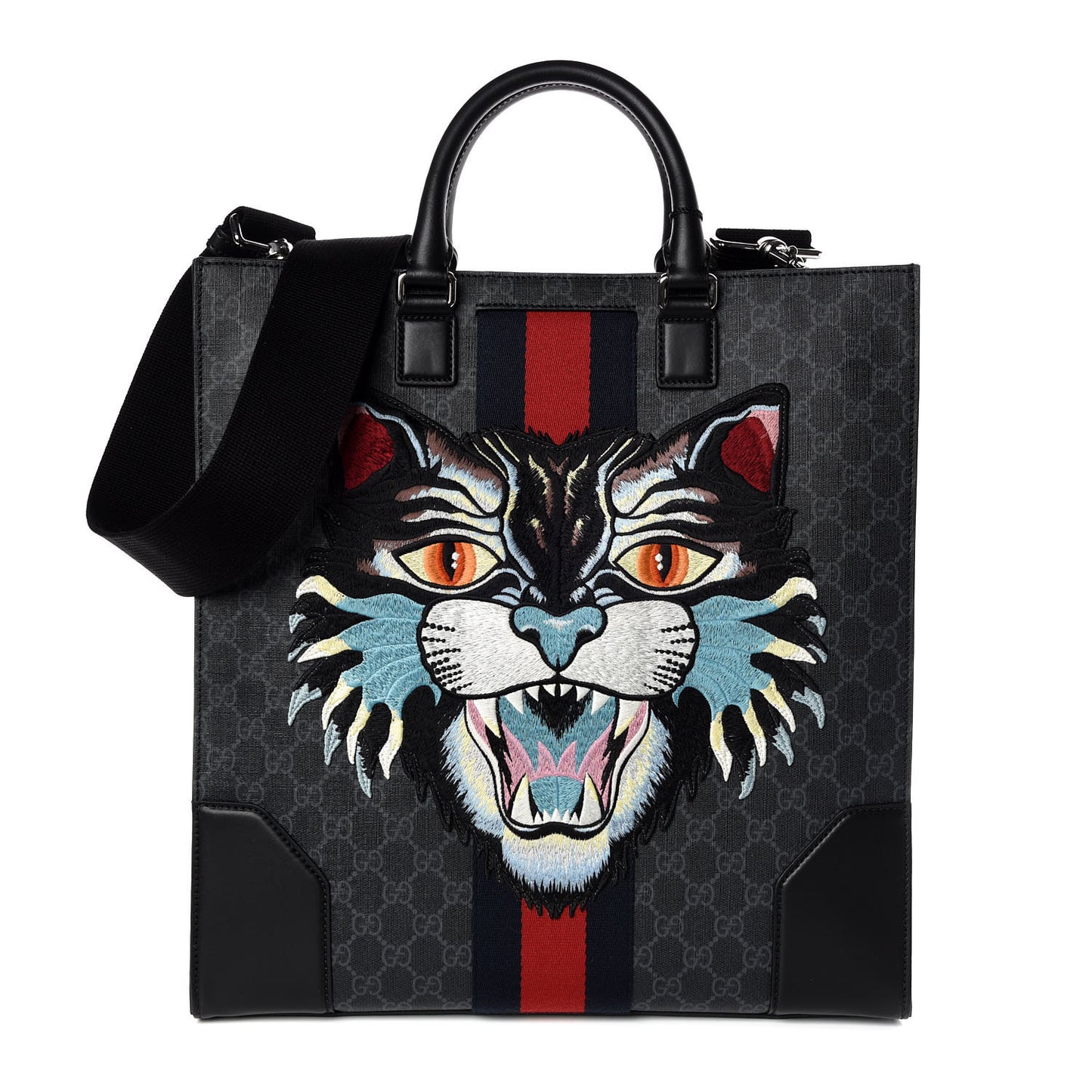 GG Supreme Monogram Web Angry Cat Embroidered Vertical Tote Black Grey