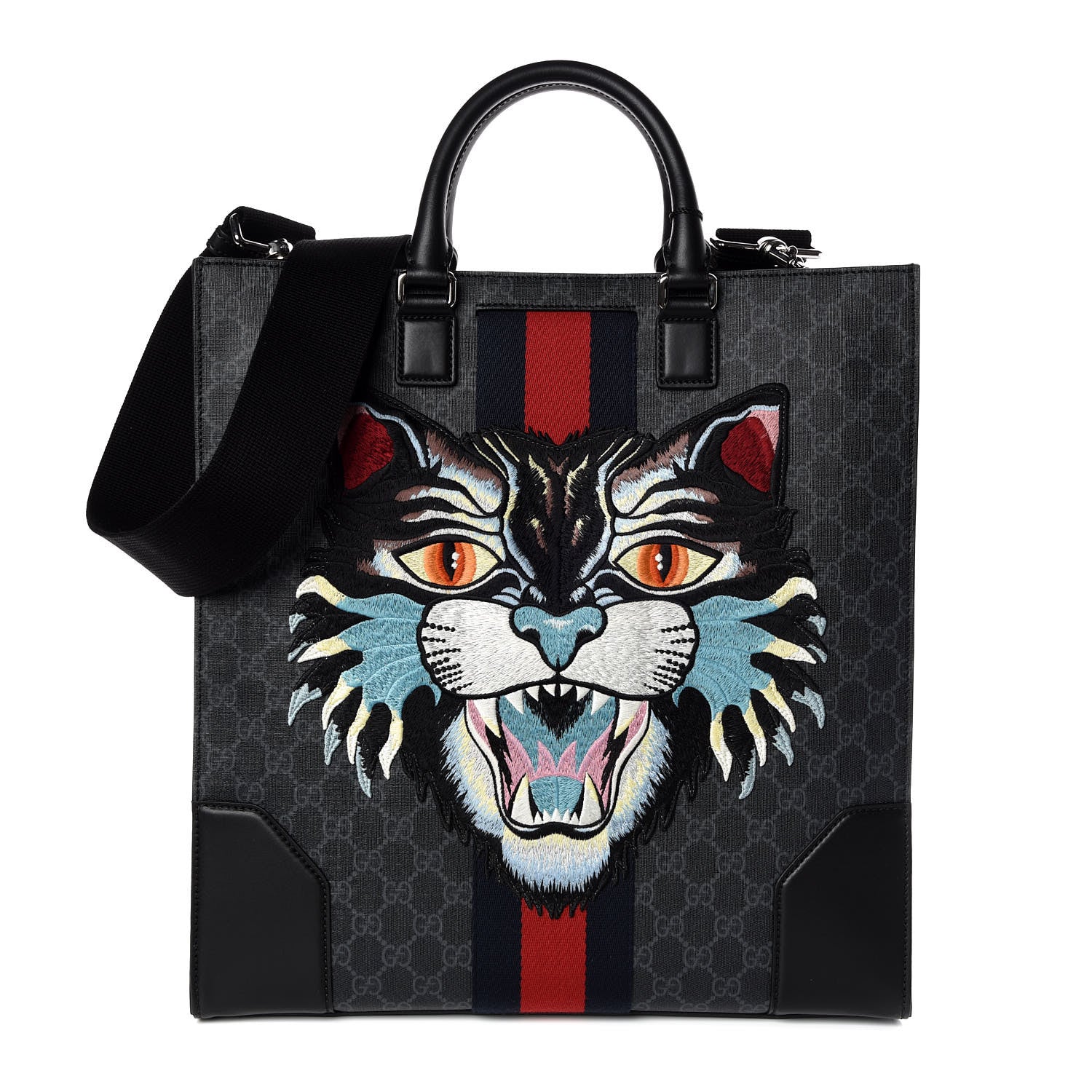 Gucci GG Supreme Monogram Web Angry Cat Embroidered Vertical Tote Black Grey 1 of 9