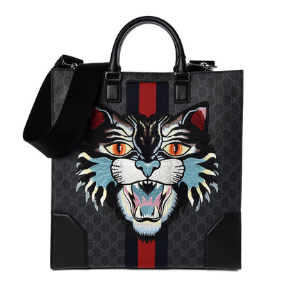 Gucci GG Supreme Monogram Web Angry Cat Embroidered Vertical Tote Black Grey 1 of 9