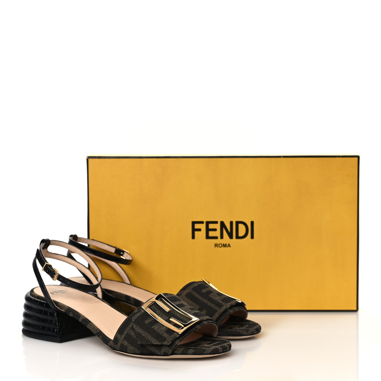 Jacquard FF Crocodile Embossed Promenade Ankle Strap Sandals 35.5 Tobacco