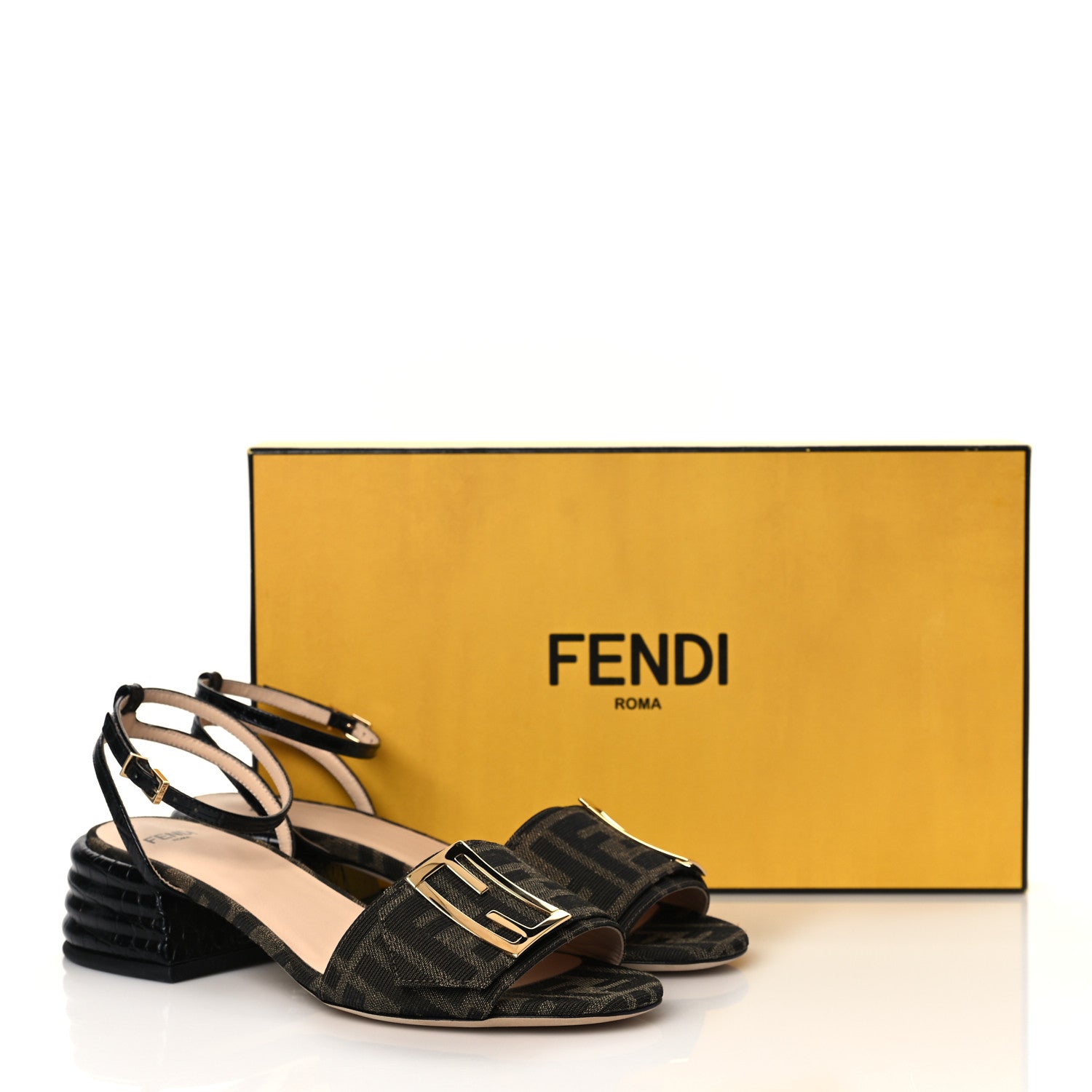 Fendi Jacquard FF Crocodile Embossed Promenade Ankle Strap Sandals 35.5 Tobacco 8 of 8