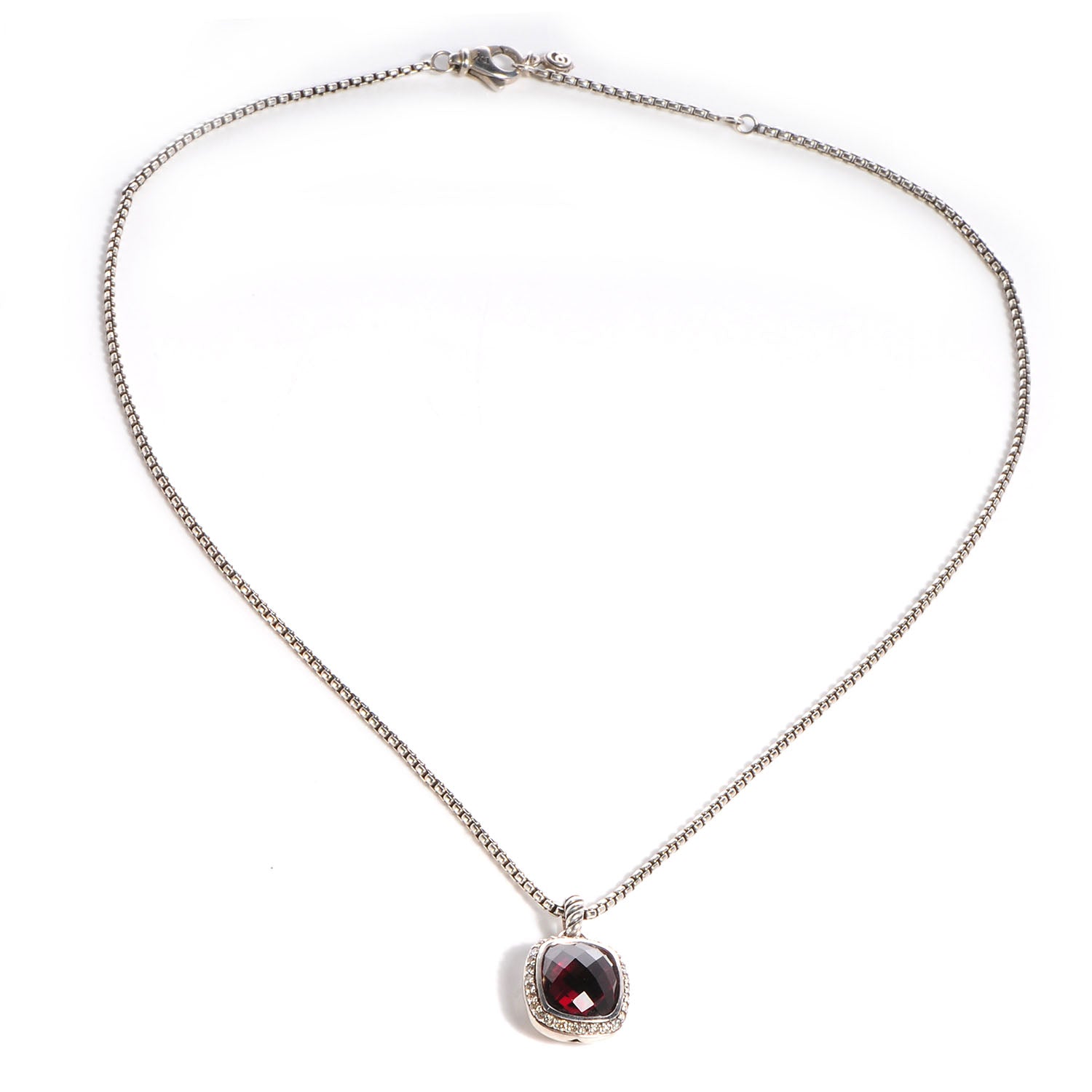 David Yurman Sterling Silver Diamond Noblesse Pendant Garnet Box Chain Necklace 3 of 5