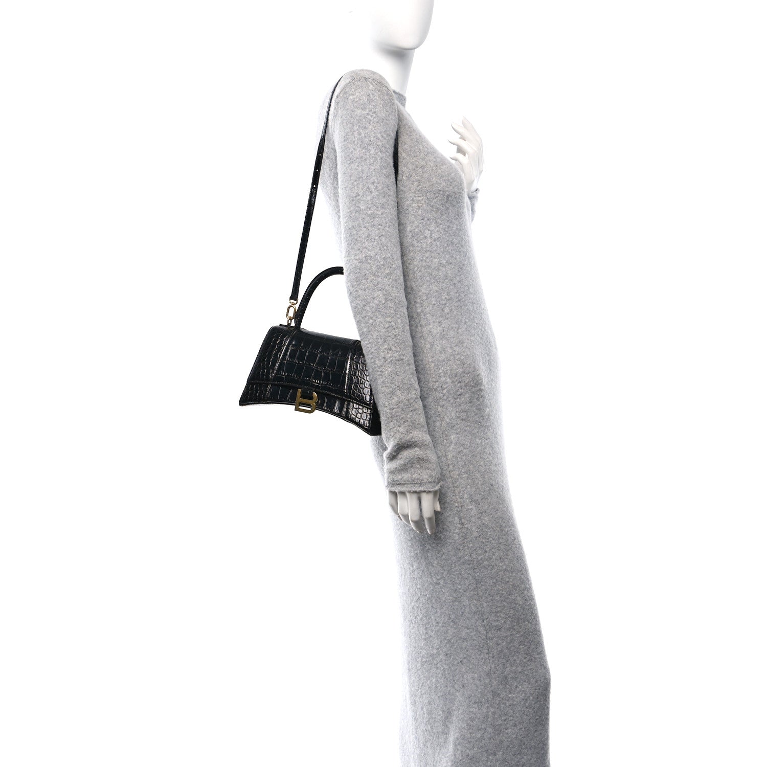 Balenciaga Shiny Calfskin Crocodile Embossed Small Hourglass Top Handle Bag Black 2 of 10