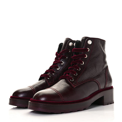Chanel Calfskin Velvet Pearl Combat Short Boots 42 Burgundy 7 of 30
