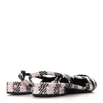 Chanel Tweed Cap Toe CC Slingback Flats 40 Black Pink White 5 of 10