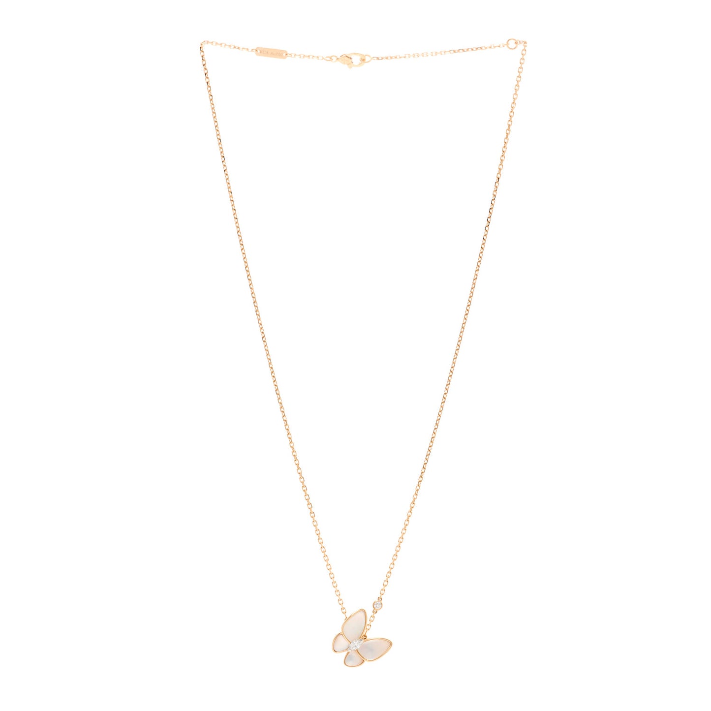 18K Rose Gold Diamond Mother of Pearl Two Butterfly Pendant Necklace