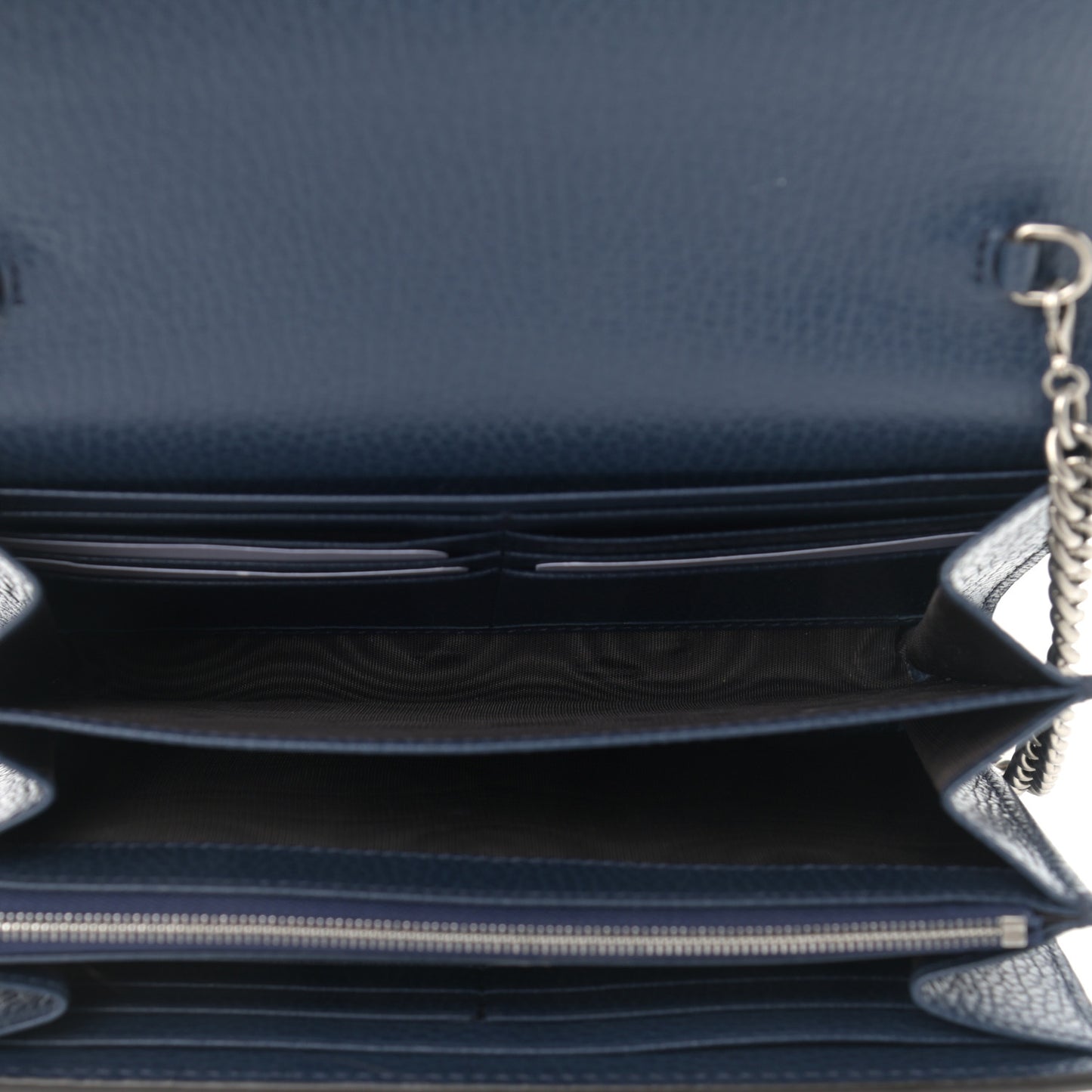 Dollar Calfskin Crystal Mini Dionysus Chain Wallet Blue Agata Black Diamond