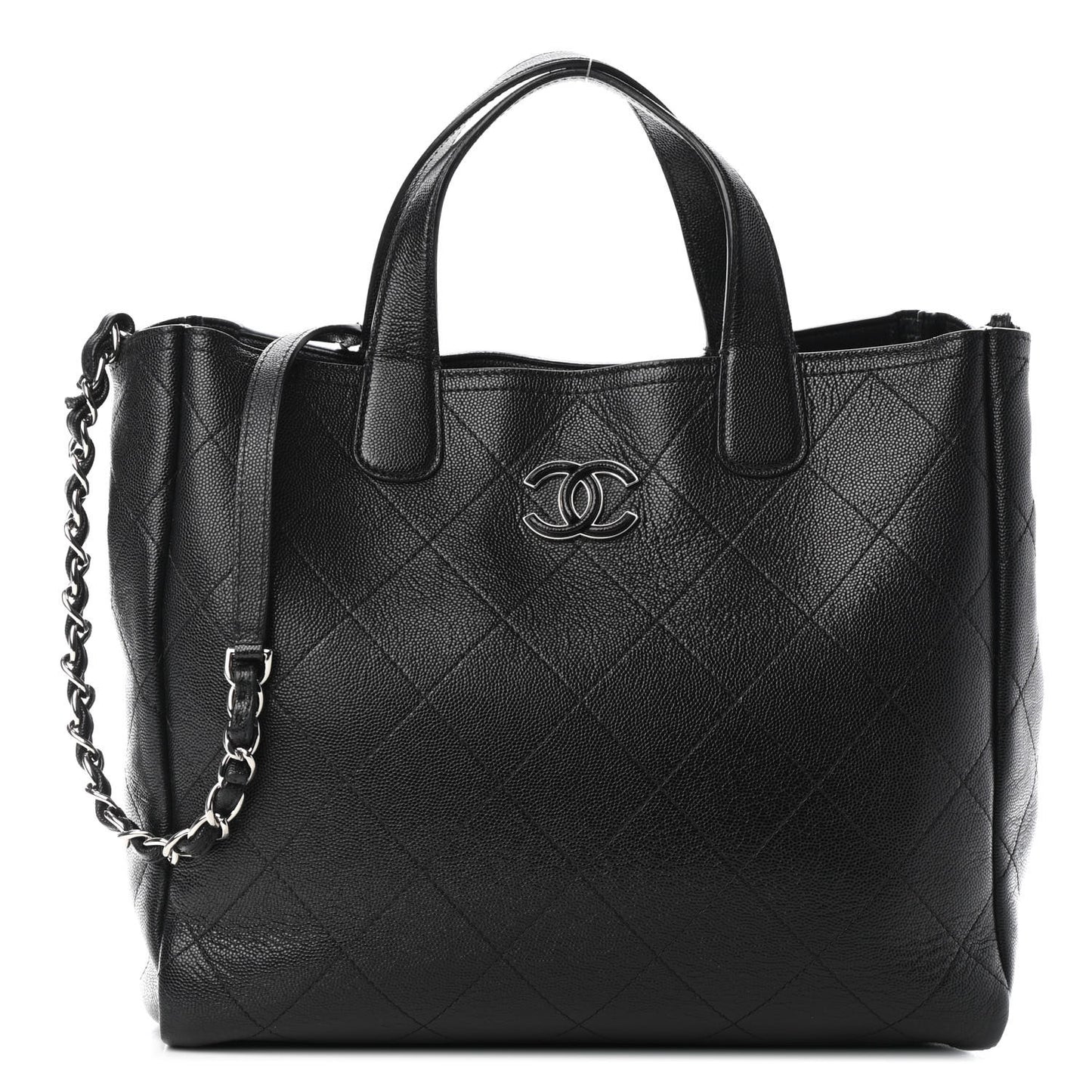 Caviar Stitched Medium Lady Coco Shopping Tote Black