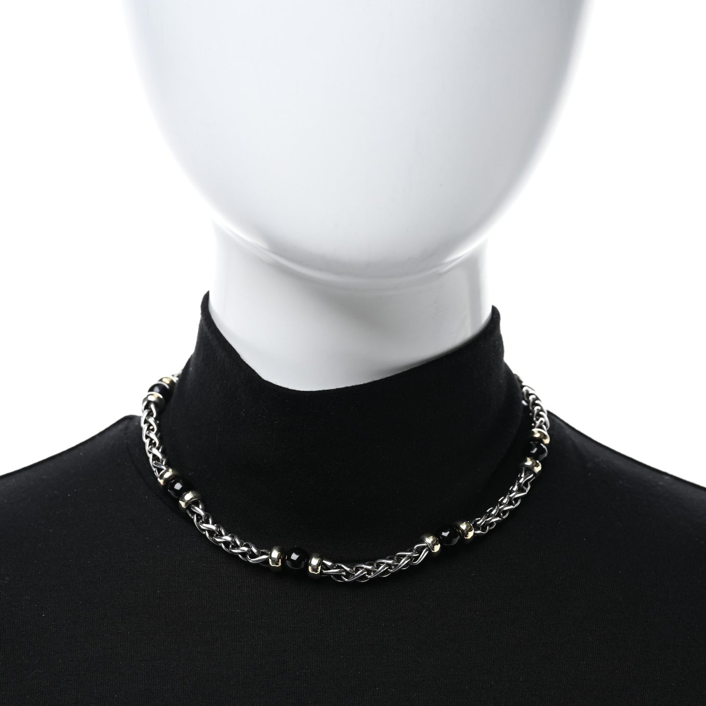 Sterling Silver 18K Yellow Gold Black Onyx Wheat Chain Necklace