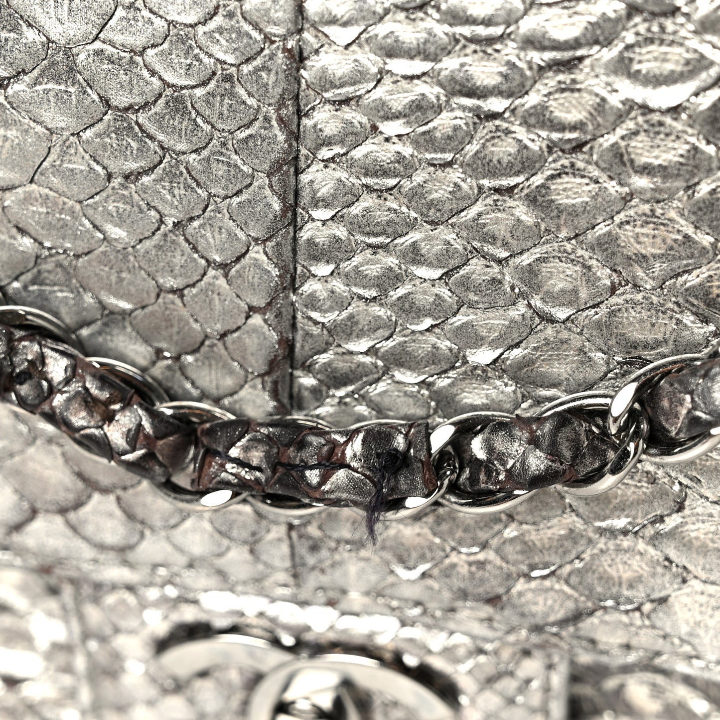 Metallic Snakeskin Medium Single Flap Silver