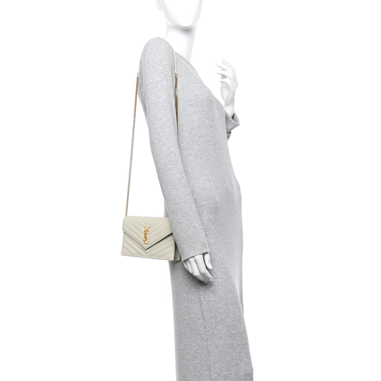 Saint Laurent Grain De Poudre Matelasse Chevron Monogram Envelope Chain Wallet Crema Soft 2 of 11