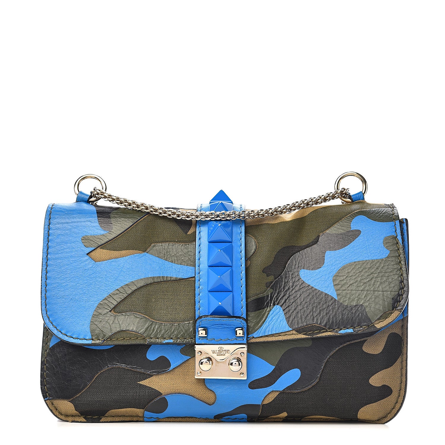 Valentino Garavani Nappa Canvas Camouflage Medium Glam Lock Rockstud Flap Blue Fluo 1 of 18