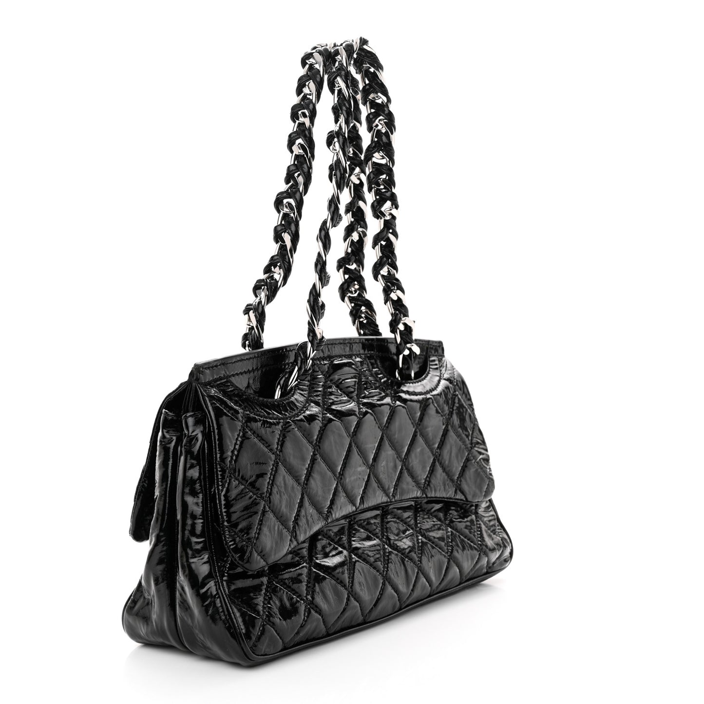Patent Quilted Day Glo Flap Bag Black
