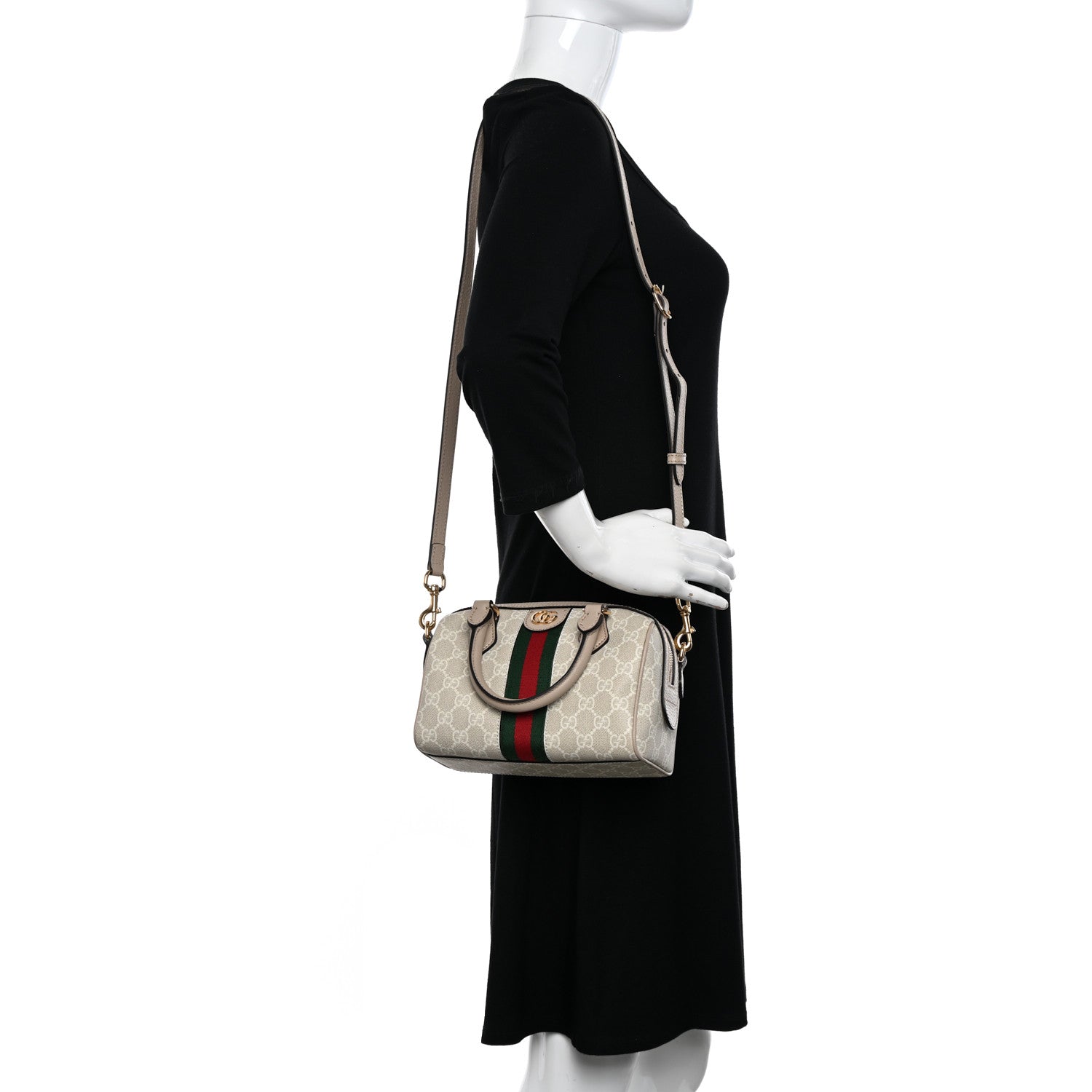 Gucci GG Supreme Monogram Textured Dollar Calfskin Web Ophidia Mini Top Handle Bag Beige Mystic White Oatmeal 2 of 9