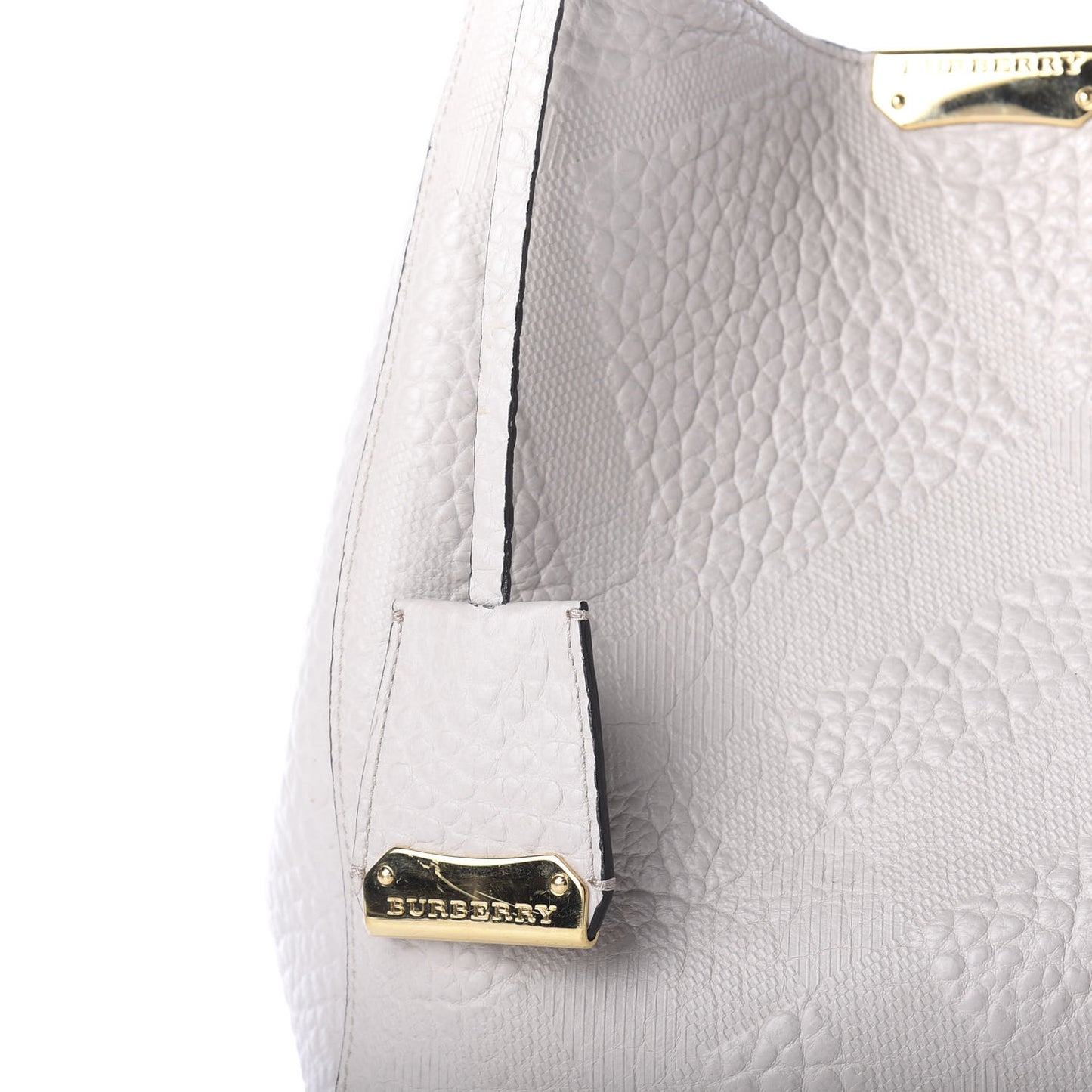 Signature Grain Calfskin Check Embossed Small Canterbury Tote Stone White