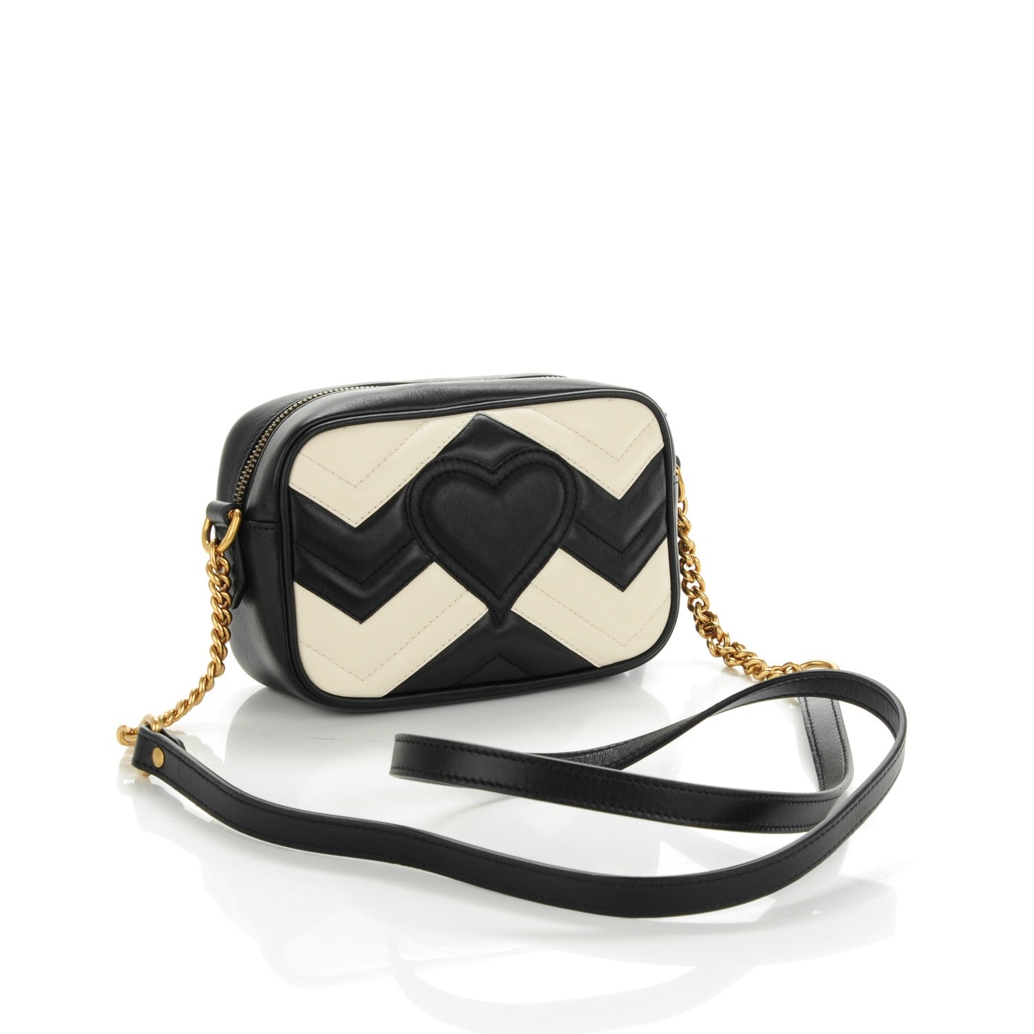 Gucci Calfskin Matelasse Mini GG Marmont Chain Shoulder Bag Black White 3 of 7