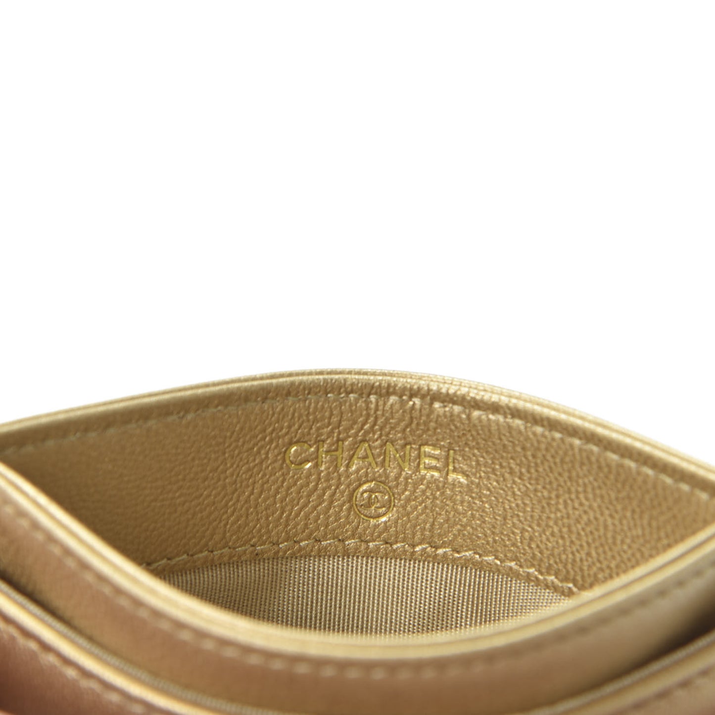 Metallic Goatskin Quilted Chanel 19 Card Holder Gold