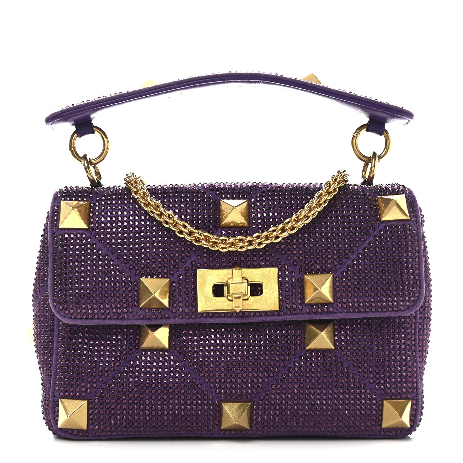 Valentino Garavani Crystal Suede Enamel Medium Roman Stud Shoulder Bag Purple 1 of 9
