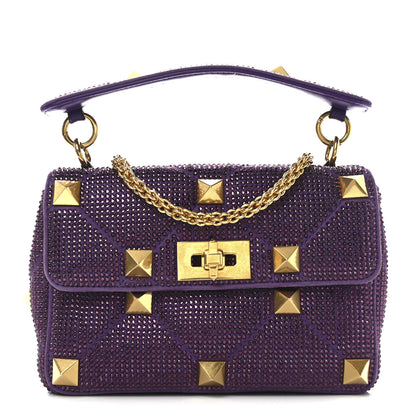 Valentino Garavani Crystal Suede Enamel Medium Roman Stud Shoulder Bag Purple 1 of 9