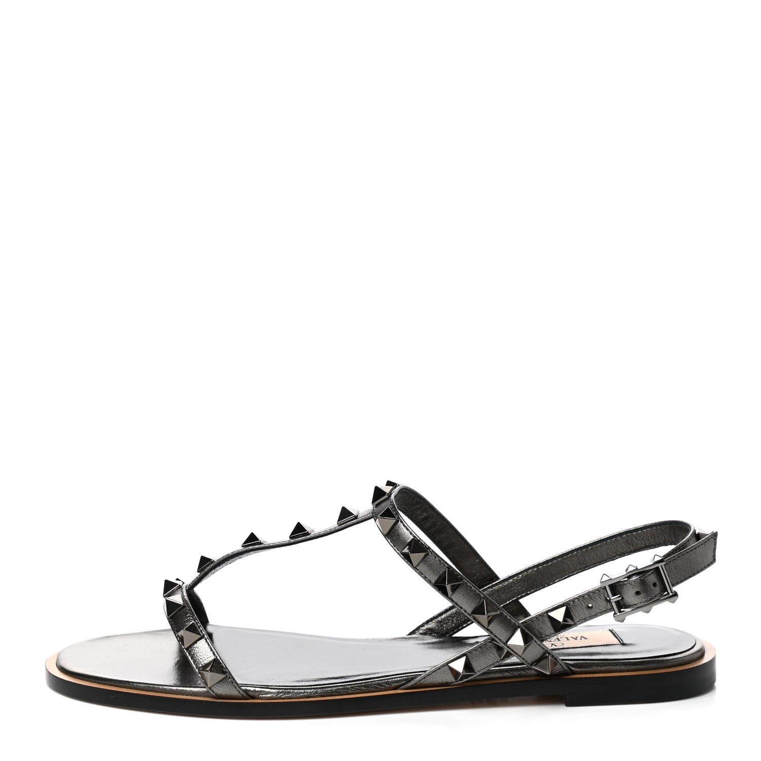 Valentino Garavani Metallic Nappa Rockstud T-Strap Slingback Flat Sandals 36.5 Rutenio 1 of 8
