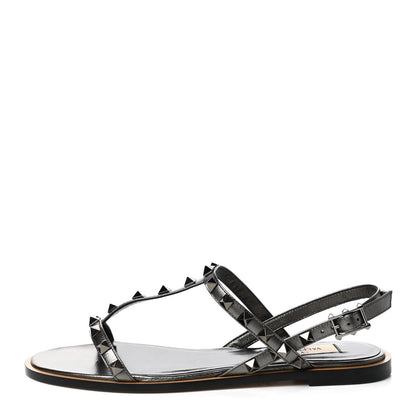 Valentino Garavani Metallic Nappa Rockstud T-Strap Slingback Flat Sandals 36.5 Rutenio 1 of 8