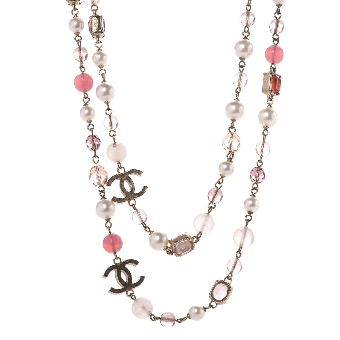 Pearl Crystal Beaded CC Long Necklace Pink Gold