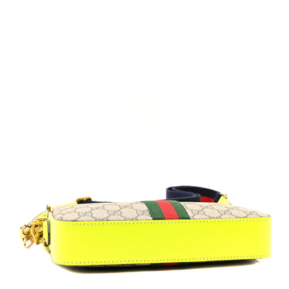 Gucci GG Supreme Monogram Textured Dollar Calfskin Web Ophidia Wristlet Shoulder Bag Beige Ebony Fluo Yellow 4 of 10
