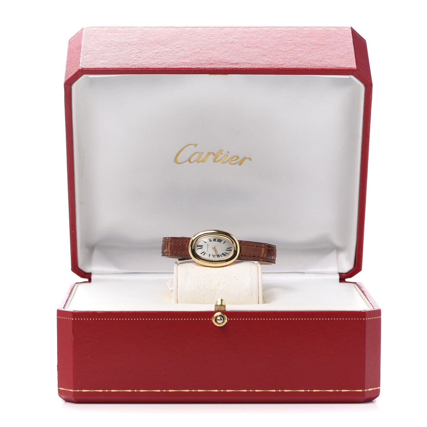 18K Yellow Gold Alligator 18mm Baignoire Quartz Watch Brown