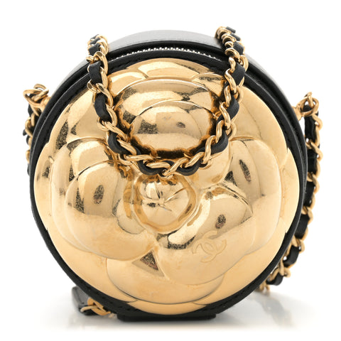 Metallic Lambskin Quilted Camelia Clutch Gold Black