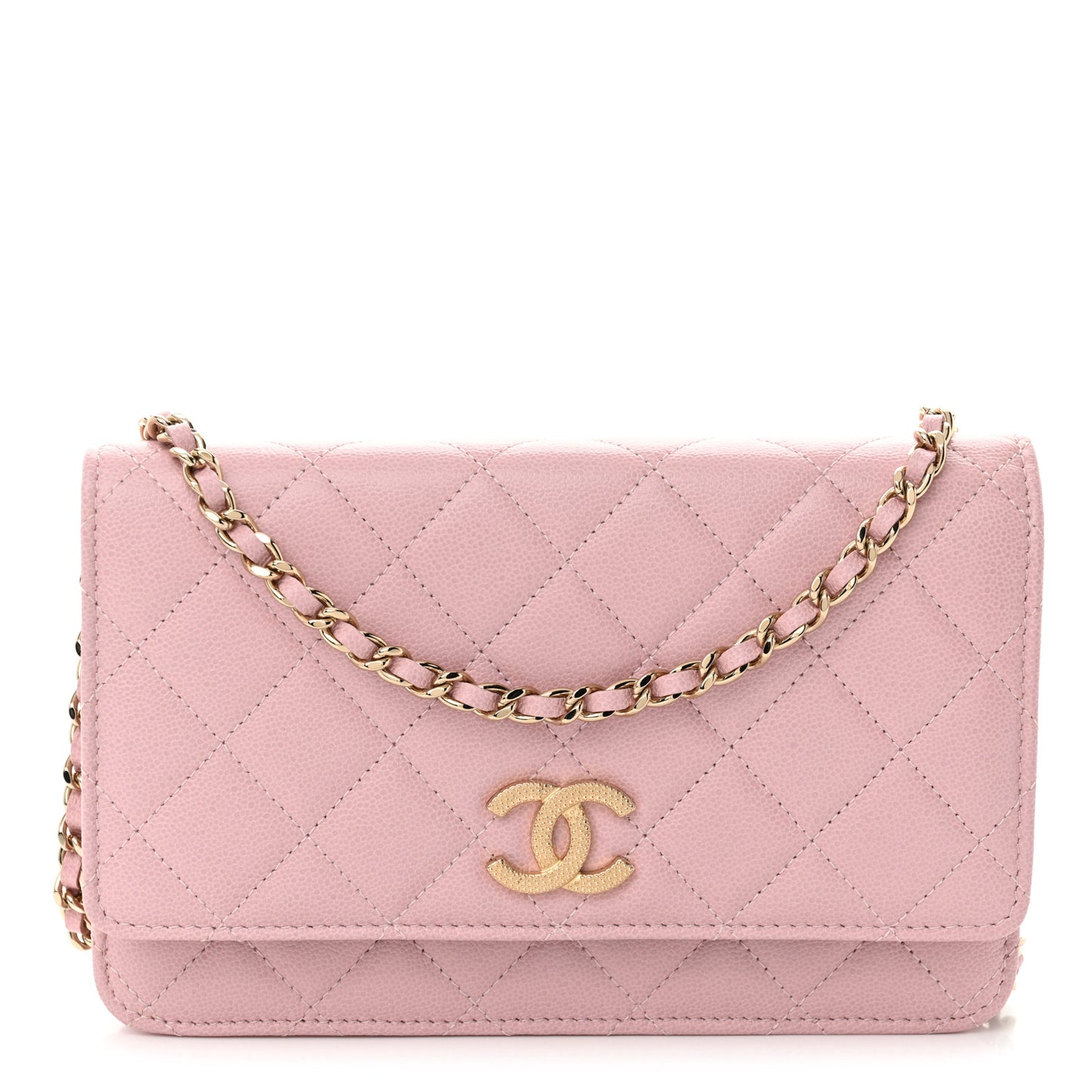 Caviar Quilted Studded CC Wallet on Chain WOC Light Pink